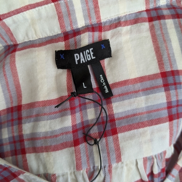 PAIGE Top Button Front Tie Split Neck Short Sleeve Plaid Cream Red Grey L NWT - Picture 13 of 14